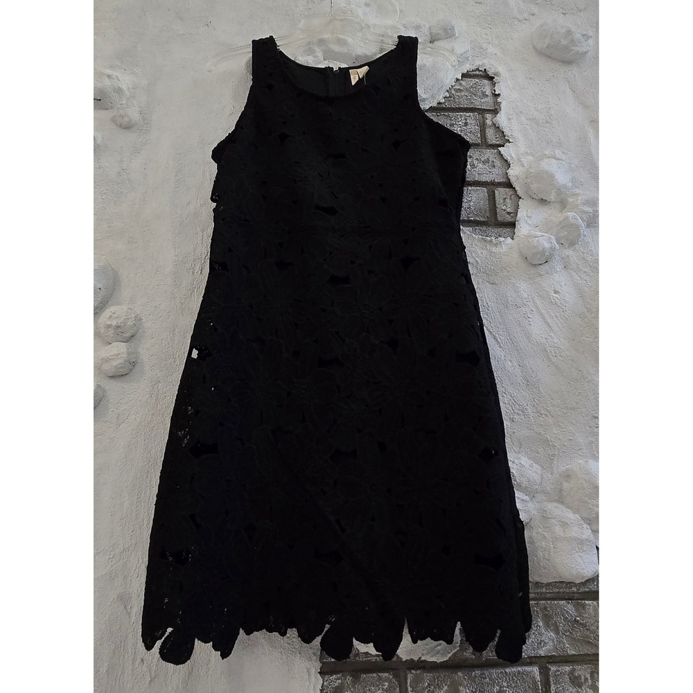 Japna Women Black Floral Eyelet Lace Sleeveless Shift Dress Scalloped Hem Size L